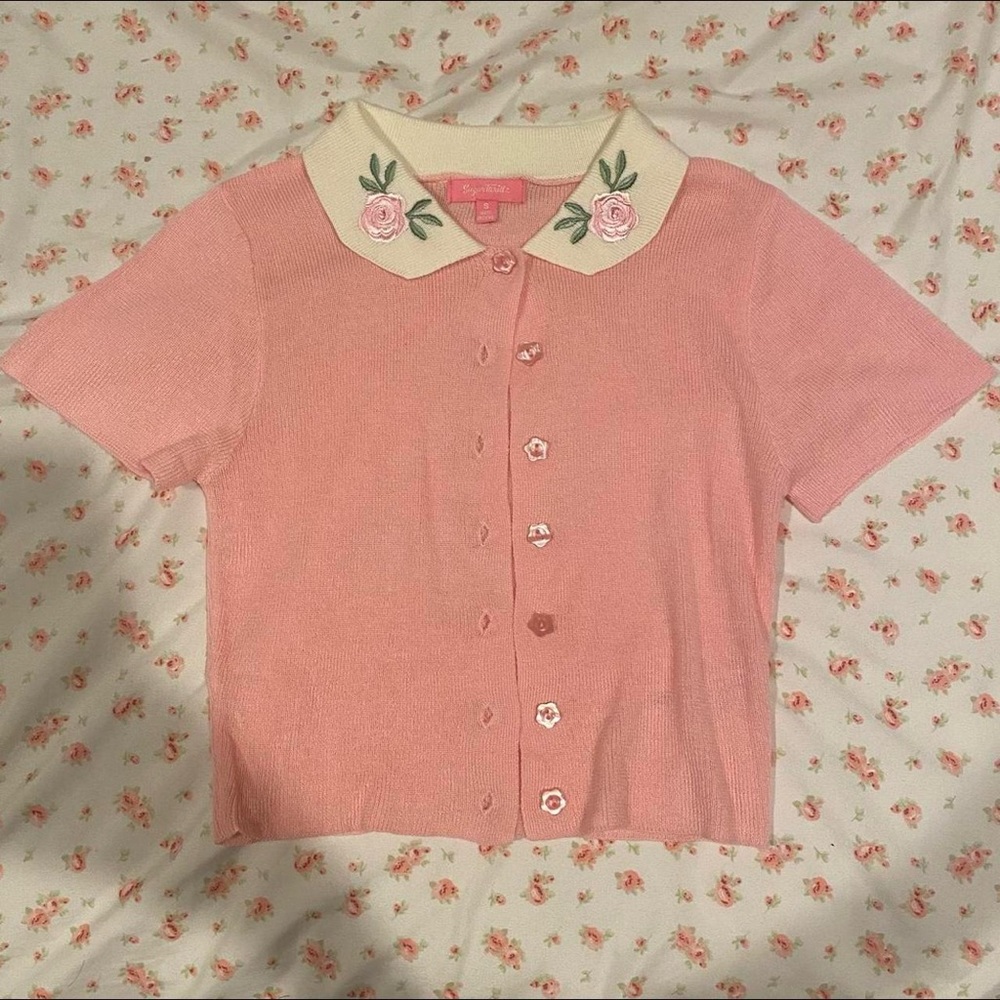Sugar Thrillz Pink Crop Top with Floral Collar